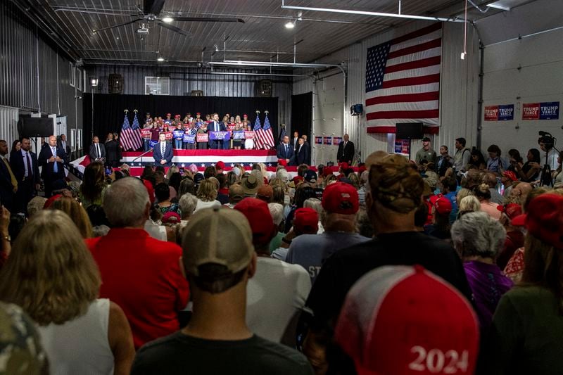 Republican vice presidential nominee JD Vance speaks during a campaign stop at Apple Valley Events in Sparta, Mich., Tuesday, Sept. 17, 2024. (Isaac Ritchey/The Grand Rapids Press via AP)