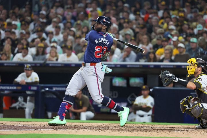 Atlanta Braves’ Michael Harris singles against the San Diego Padres during the sixth inning of National League Division Series Wild Card Game Two at Petco Park in San Diego on Wednesday, Oct. 2, 2024.   (Jason Getz / Jason.Getz@ajc.com)