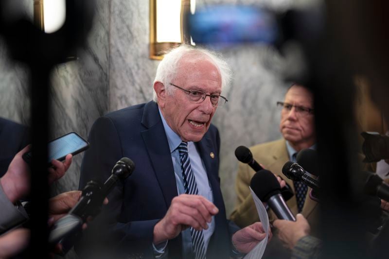 Sen. Bernie Sanders, I-Vt., speaks to reporters about his support for New York Democrat Rep. Jamaal Bowman in a contested primary next week and the influence of big money SuperPACs, at the Capitol in Washington, Thursday, June 20, 2024. (AP Photo/J. Scott Applewhite)