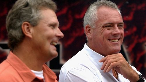 Former Falcons greats Mike Kenn (right) and Steve Bartkowski attend a team mini camp after their careers ended. (SUNNY SUNG/STAFF)