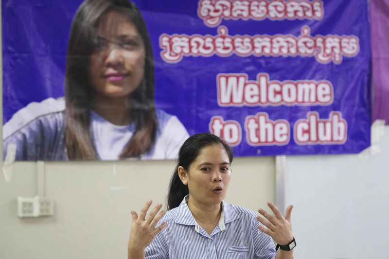 Chhim Sithar, a union leader being freed from prison after serving time for her part in a strike against the country’s biggest casino, speaks to her supporters at a club on the outskirts of Phnom Penh Cambodia, Monday, Sept. 16, 2024. (AP Photo/Heng Sinith)