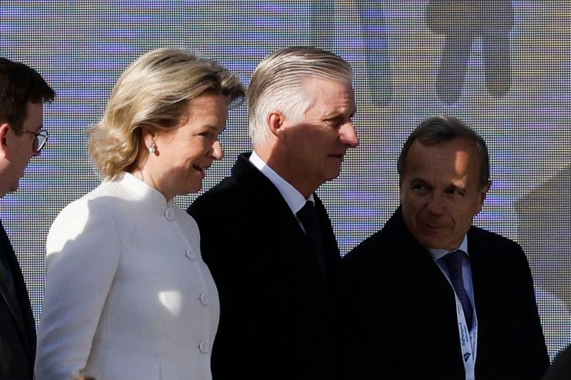 Queen Mathilde and King Philippe arrives to attend the holy mass by Pope Francis at the King Baudouin stadium in Brussels, Belgium, Sunday, Sept. 29, 2024. (AP Photo/Omar Havana)