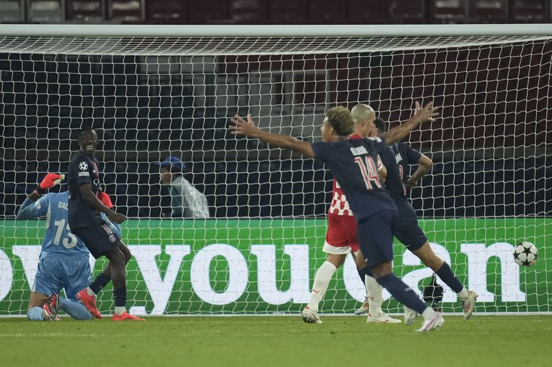 PSG players celebrate after a goal during the Champions League opening phase soccer match between Paris Saint-Germain and Girona at the Parc des Princes stadium in Paris, France, Wednesday, Sept. 18, 2024. (AP Photo/Christophe Ena)