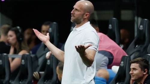 Atlanta United head coach Rob Valentino reacts after a referee call during the second half at Mercedes-Benz Stadium on Sunday, August 4, 2024, in Atlanta.
(Miguel Martinez/ AJC)