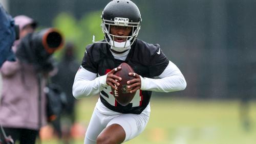 Atlanta Falcons wide receiver Ray-Ray McCloud (34) runs after a catch during minicamp at the Atlanta Falcons Training Camp, Tuesday, May 14, 2024, in Flowery Branch, Ga. (Jason Getz / AJC)
