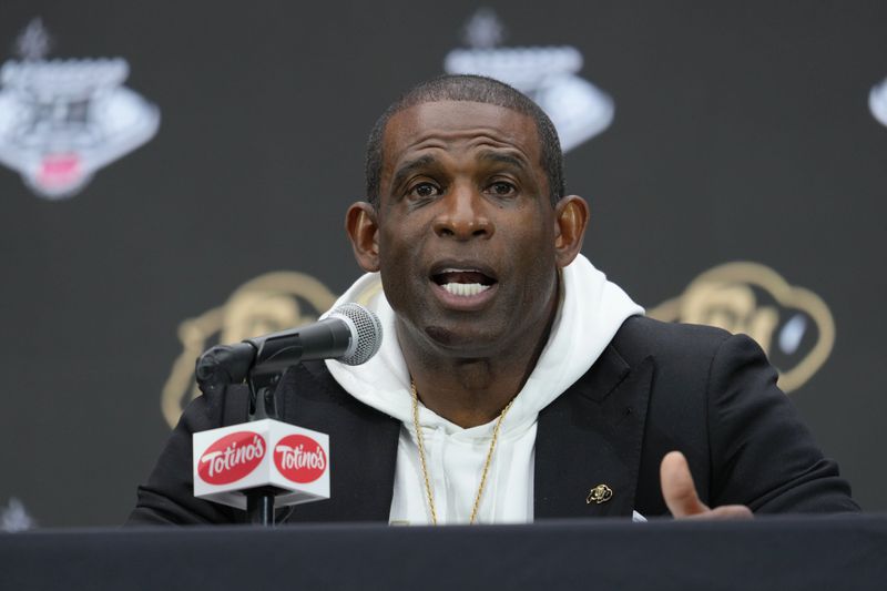 FILE - Colorado head coach Deion Sanders speaks during the Big 12 NCAA college football media days in Las Vegas, Wednesday, July 10, 2024. (AP Photo/Lucas Peltier, File)