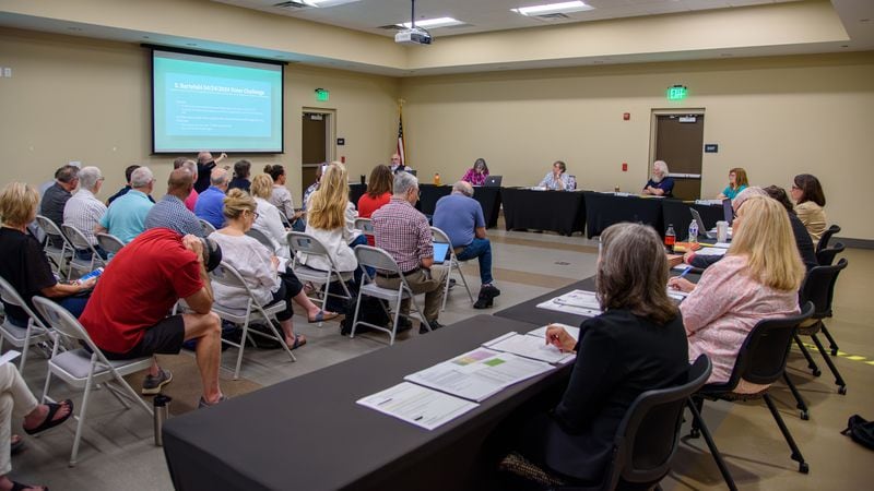 Forsyth election board considers challenges to the eligibility of 800 voters at the Forsyth County elections office in Cumming, Georgia, on June 28, 2024. (Jamie Spaar for the Atlanta Journal Constitution)