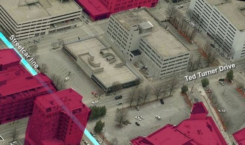 Downtown’s “Dead Zone” — parking lots (shown without color) near Centennial Park. 