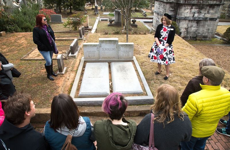 Tour guide Joan Fountain tells love stories to her group at Oakland Cemetery during one of Love Stories of Oakland's hourlong tours in Atlanta on Saturday, February 9, 2019. (Photo: STEVE SCHAEFER / SPECIAL TO THE AJC)