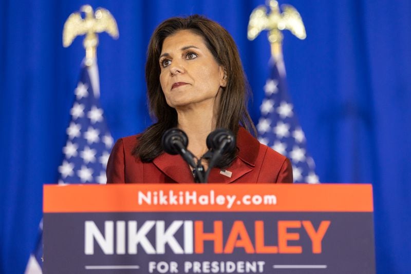 Republican presidential candidate Nikki Haley gives a speech at her primary day watch party at The Charleston Place in Charleston, South Carolina on Saturday, February 24, 2024. Former President and Republican presidential candidate Donald Trump beat the former governor in her home state. (Arvin Temkar / arvin.temkar@ajc.com)