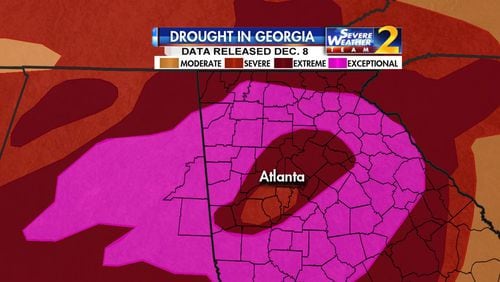 Rainfall over the past two weeks offered some relief to areas in “exceptional drought,” the U.S. Drought Monitor’s worst category of dry weather. (Credit: Channel 2 Action News)
