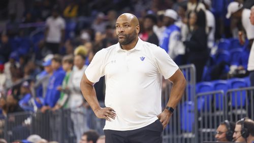 Georgia State Panthers head coach Jonas Hayes reacts on the sideline during their game against the Georgia Southern Eagles in a NCAA men’s basketball game at the Georgia State Convocation Center, Thursday, February 2, 2023, in Atlanta. Georgia State won 64-60. Jason Getz / Jason.Getz@ajc.com)
