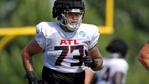 Falcons offensive tackle Tyler Vrabel (73) during training camp at the Falcons Practice Facility, Friday, August 5, 2022, in Flowery Branch, Ga. (Jason Getz / Jason.Getz@ajc.com)