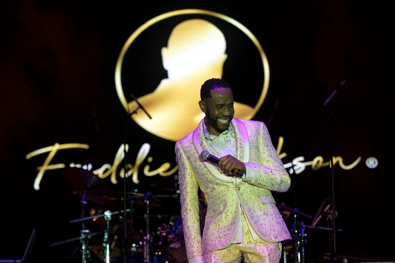 Freddie Jackson laughs with the crowd gathered at the Stockbridge Amphitheater Saturday, Oct. 23, 2021. (Daniel Varnado/ For the Atlanta Journal-Constitution)