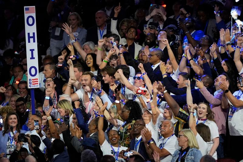 Ohio casts their votes for Democratic presidential nominee Vice President Kamala Harris during the Democratic National Convention Tuesday, Aug. 20, 2024, in Chicago. (AP Photo/Charles Rex Arbogast)