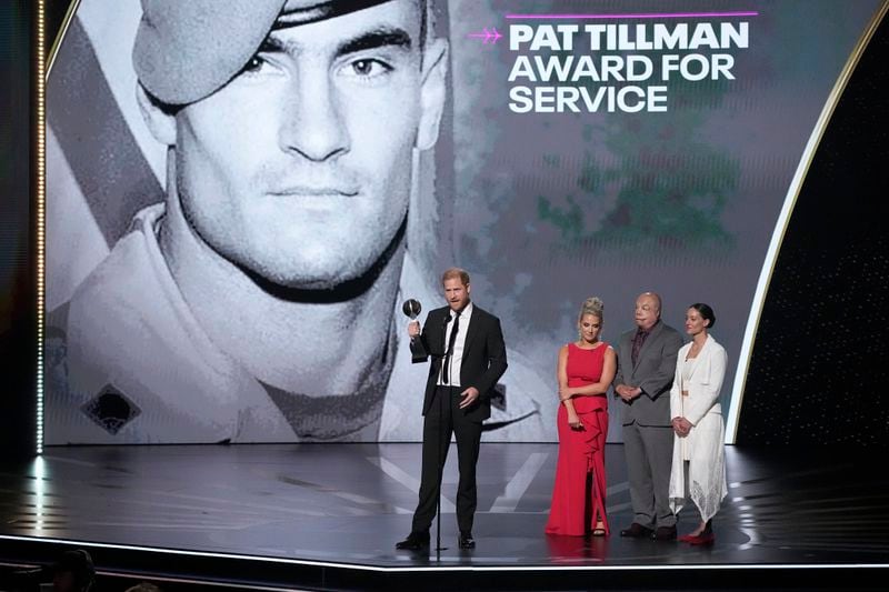 Prince Harry speaks after receiving the Pat Tillman Award For Service at the ESPY awards on Thursday, July 11, 2024, at the Dolby Theatre in Los Angeles. (AP Photo/Mark J. Terrill)