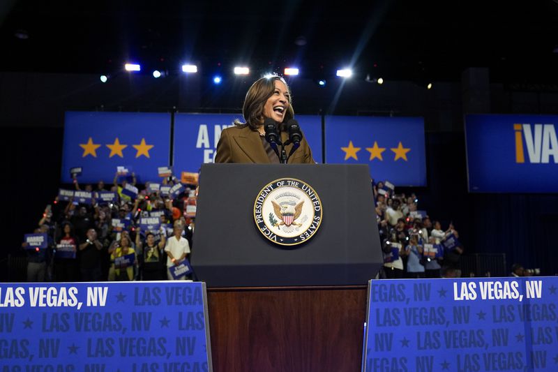 Democratic presidential nominee Vice President Kamala Harris speaks at a rally on Sunday, Sept. 29, 2024, in Las Vegas. (AP Photo/Carolyn Kaster)