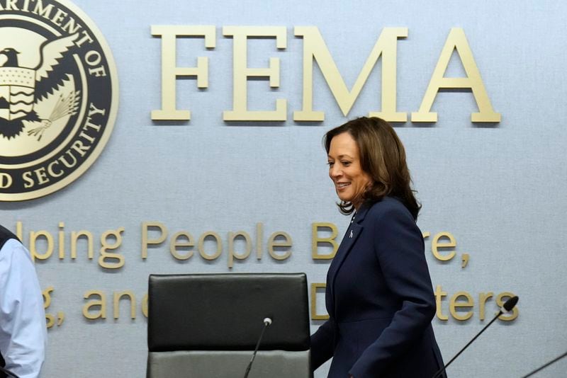 Democratic presidential nominee Vice President Kamala Harris attends a briefing at FEMA headquarters, Monday, Sept. 30, 2024, in Washington, on recovery and assistance efforts after Hurricane Helene. (AP Photo/Jacquelyn Martin)