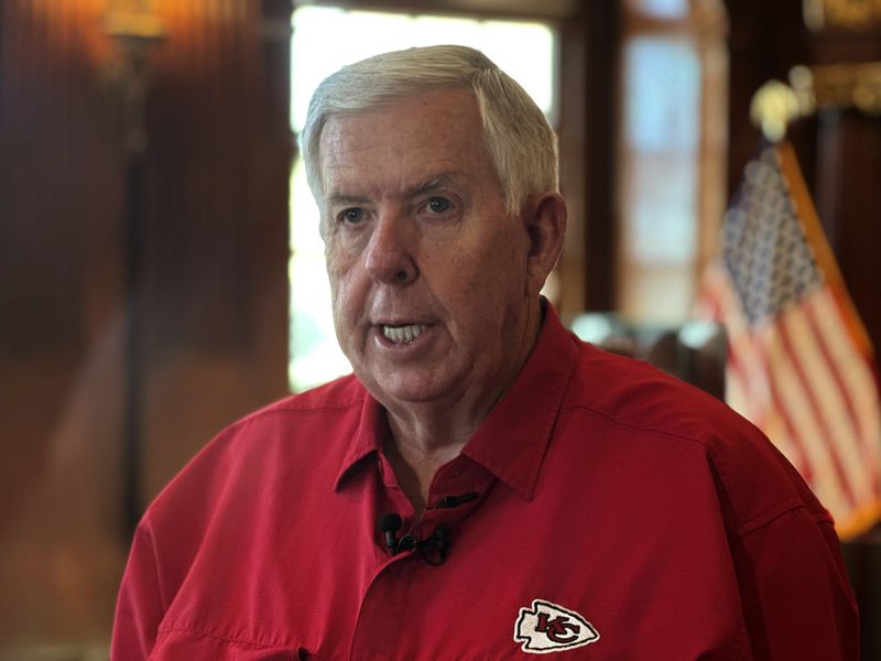 Missouri Gov. Mike Parson speaks to media in his Capitol office in Jefferson City, Mo., Thursday, June 27, 2024. Parson said Missouri is working on a public aid proposal for new or improved stadiums for Chiefs and Kansas City Royals. (AP Photo/David A. Lieb)