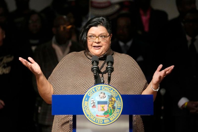 Olga Bautista, one of six nominees to the Chicago Board of Education by Chicago Mayor Brandon Johnson, speaks during a news conference where Johnson announced his nominees on Monday, Oct. 7, 2024, in Chicago. (AP Photo/Charles Rex Arbogast)