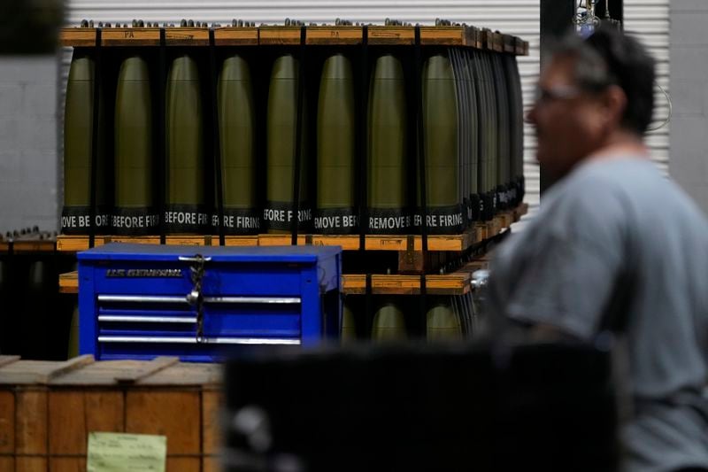 155 mm M795 artillery projectiles are stacked at the Scranton Army Ammunition Plant, Tuesday, Aug. 27, 2024, in Scranton, Pa. (AP Photo/Matt Slocum)