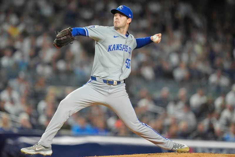 Kansas City Royals pitcher Cole Ragans delivers against the New York Yankees during the first inning of Game 2 of the American League baseball playoff series, Monday, Oct. 7, 2024, in New York. (AP Photo/Frank Franklin II)