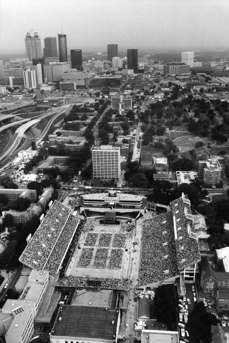 Nelson Mandela’s visit to Atlanta came soon after he was released in February 1990 after 27 years in prison for his opposition to the apartheid policies in South Africa. In Atlanta, as elsewhere, he received a hero's welcome and security that normally is reserved for the visit of a U.S. president. At Georgia Tech’s Bobby Dodd Stadium, shown in this aerial view, the crowd was reported at more than 54,000. 