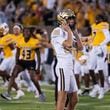 Missouri celebrates behind Vanderbilt place kicker Brock Taylor (88) after he missed a field goal during overtime of an NCAA college football game as Missouri celebrates Saturday, Sept. 21, 2024, in Columbia, Mo. (AP Photo/L.G. Patterson)