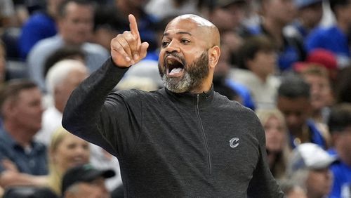 FILE - Cleveland Cavaliers head coach J.B. Bickerstaff shouts at his team during the first half of Game 6 of an NBA basketball first-round playoff series against the Orlando Magic, May 3, 2024, in Orlando, Fla. The Detroit Pistons have agreed to a four-year contract with a team option for a fifth season with coach Bickerstaff, according to a person familiar with the situation. The person spoke to The Associated Press on Sunday, June 30, on condition of anonymity because the agreement had not been announced. (AP Photo/John Raoux, File)