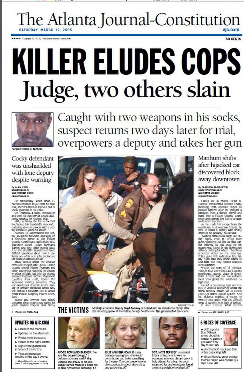Front page of The Atlanta Journal-Constitution featured the search for the as-yet-uncaptured Brian Nichols and reflected the terror felt by much of the city