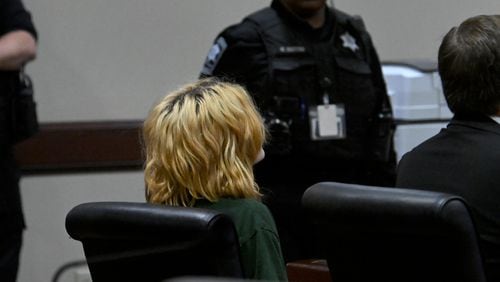 Colt Gray sits during his first appearance before Barrow County Superior Court Judge Currie Mingledorff at Barrow County Courthouse Superior Court, Friday, September 6, 2024, in Winder. The 14-year-old accused of fatally shooting two teachers and two students this week at Apalachee High School and his father made their first appearances in court Friday. (Hyosub Shin / AJC)