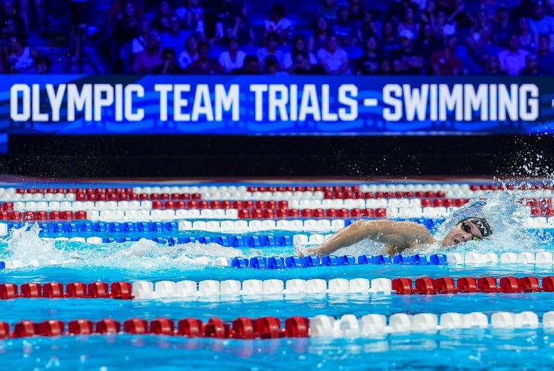 Robert Finke swims during the Men's 800 freestyle finals Tuesday, June 18, 2024, at the US Swimming Olympic Trials in Indianapolis. (AP Photo/Darron Cummings)