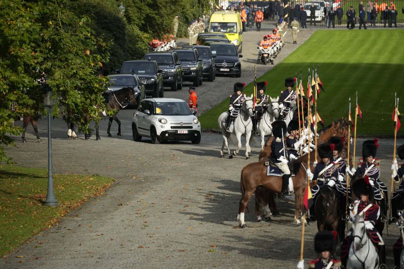 Pope Francis arrives on the occasion of his visit to King Philippe and Queen Mathilde in the Castle of Laeken, Brussels, Friday, Sept. 27, 2024. (AP Photo/Andrew Medichini)