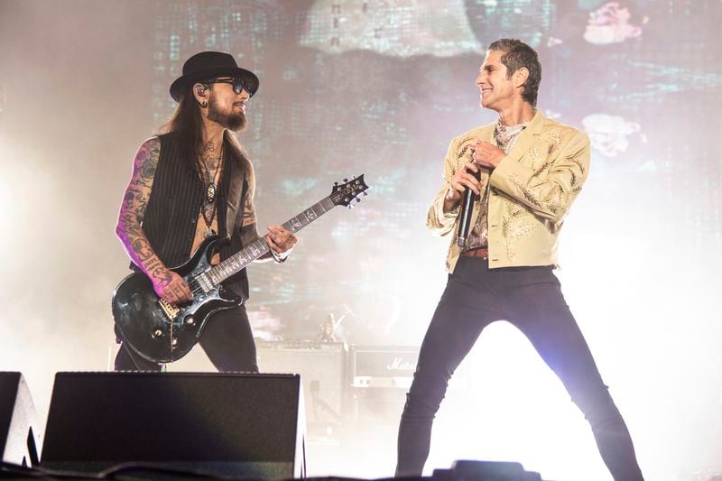 FILE - Dave Navarro, left. and Perry Farrell of Jane's Addiction perform at Louder Than Life Festival 2021 on Sept. 24, 2021, in Louisville, Ky. (Photo by Amy Harris/Invision/AP, File)