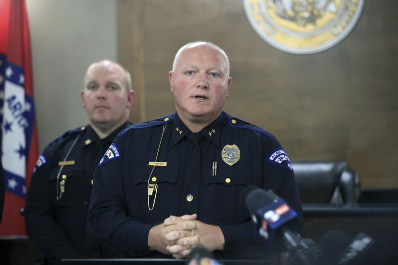 Alma Police Chief Jeff Pointer speaks during a press conference at the headquarters of the Alma Police Department on Tuesday, Oct. 1, 2024, in Alma, Ark., about the 1995 kidnapping of Morgan Nick. (Colin Murphey/Arkansas Democrat-Gazette via AP)