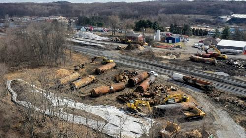 FILE - A view of the scene Feb. 24, 2023, as cleanup continues at the site of a Norfolk Southern freight train derailment that happened on Feb. 3, in East Palestine, Ohio. (AP Photo/Matt Freed, File)