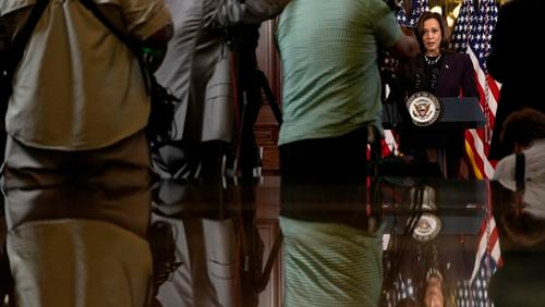 Vice President Kamala Harris speaks following a meeting with Israeli Prime Minister Benjamin Netanyahu at the Eisenhower Executive Office Building on the White House complex in Washington, Thursday, July 25, 2024. (AP Photo/Julia Nikhinson)