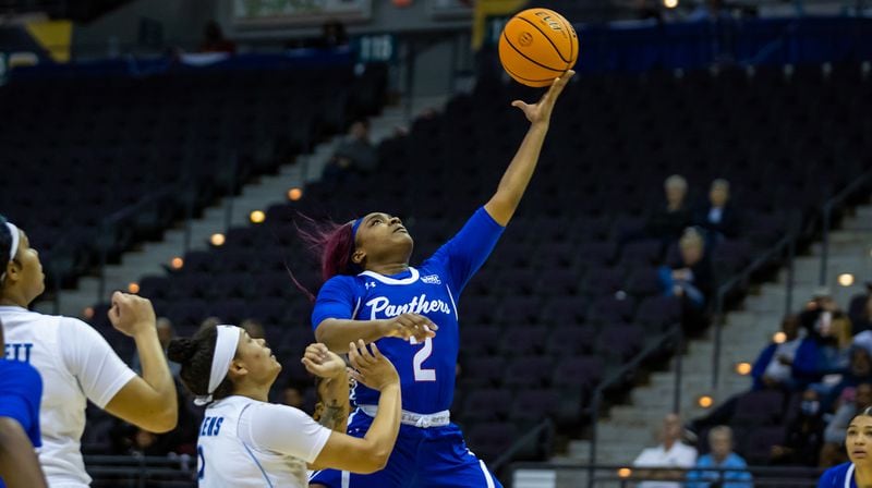 Mikyla Tolivert lays up a shot for Georgia State. (Photograph by AJ Henderson / Sun Belt Conference)