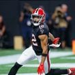 Atlanta Falcons wide receiver KhaDarel Hodge (12) reacts after scoring the game-winning touchdown during overtime against the Tampa Bay Buccaneers on Thursday, October 3, 2024, at Mercedes-Benz Stadium in Atlanta. The Falcons won 36-30.
(Miguel Martinez/ AJC)