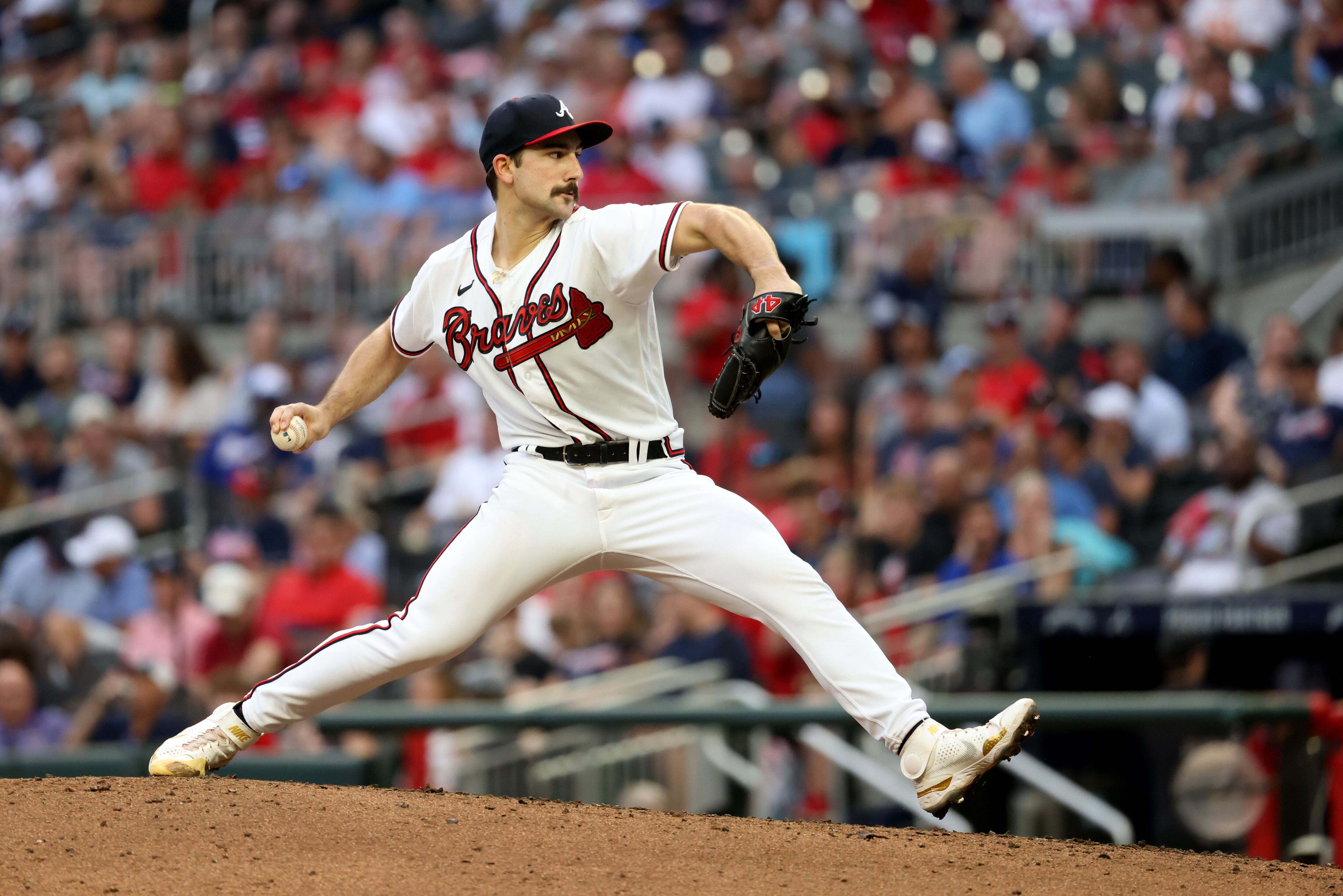 Atlanta Braves starting pitcher Spencer Strider (99) gestures to the  infield during a MLB regular season game between the Chicago White Sox and  Atlant Stock Photo - Alamy