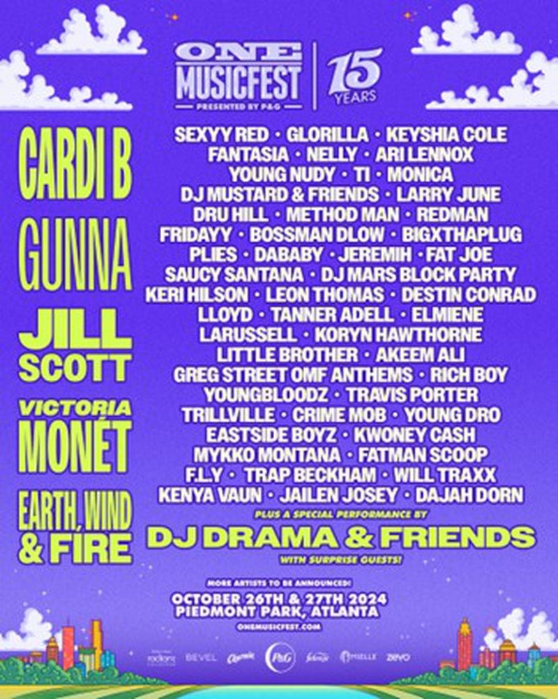 One Musicfest will return to Piedmont Park on Oct. 26-27, 2024. Cardi B, Gunna, Jill Scott, Victoria Monét and Earth, Wind & Fire will headline the festival.