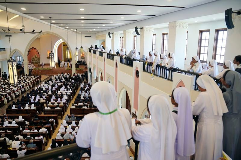 Pope Francis leads the holy mass at the Cathedral of the Immaculate Conception in Dili, East Timor, Tuesday, Sept. 10, 2024. (AP Photo/Dita Alangkara)