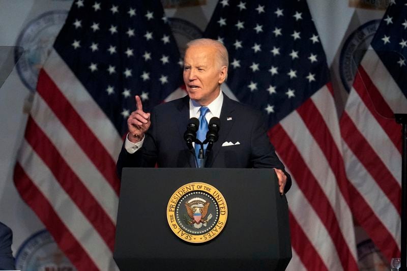 President Joe Biden speaks at the NAACP Detroit branch Fight for Freedom Fund dinner in Detroit, Sunday, May 19, 2024. (AP Photo/Paul Sancya)