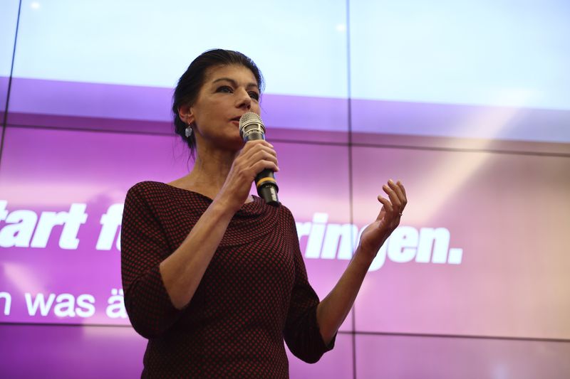 BSW party chairwoman Sahra Wagenknecht speaks at the BSW election party after the first exit polls for the state elections in Thuringia and Saxony are released, in Erfurt, Germany, Sunday, Sept. 1, 2024. (Christoph Soeder/dpa via AP) Christoph Soeder/dpa via AP)