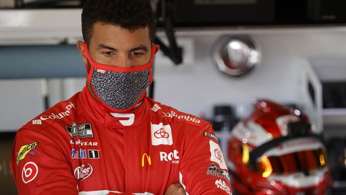 Bubba Wallace, the driver of the #23 DoorDash Toyota, waits in the garage area during practice for the NASCAR Cup Series 63rd Annual Daytona 500 at Daytona International Speedway on February 10, 2021, in Daytona Beach, Florida. (Chris Graythen/Getty Images/TNS)