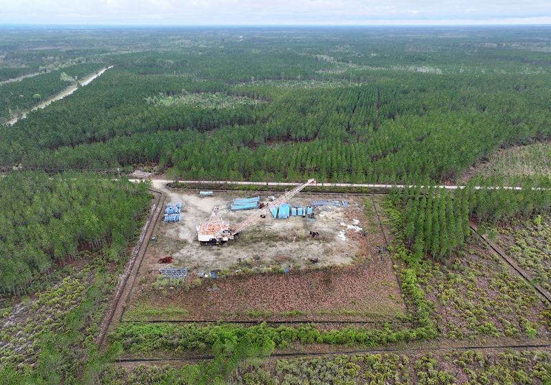 A drone photograph shows part of the Twin Pines mine site, where equipment is stationed, on Monday, March 18, 2024, in Charlton County, Georgia. The site is located less than 3 miles from the Okefenokee National Wildlife Refuge, the largest U.S. refuge east of the Mississippi River. (Hyosub Shin/The Atlanta Journal-Constitution/TNS)