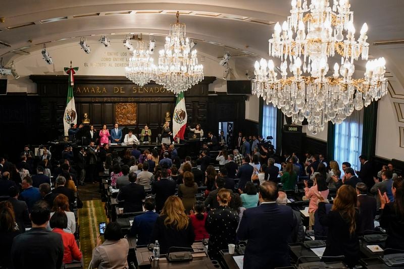 Senators hold a session to discuss judicial reform that would require all judges to stand for election, in Mexico City, Thursday, Sept. 5, 2024, one day after Mexico's lower house approved the legislation. (AP Photo/Felix Marquez)