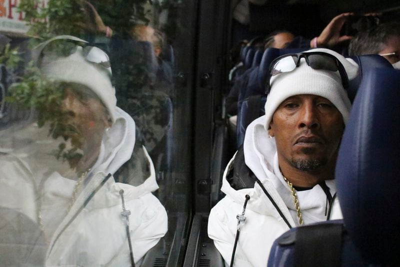 Korey Wise, one of the members of ‘The Central Park Five,’ sits on a bus outside the National Action Network headquarters in the Harlem neighborhood of New York as members of the organization prepare to depart on a Get Out the Vote bus tour on Friday, Sep. 27, 2024. (AP Photo/Noreen Nasir)