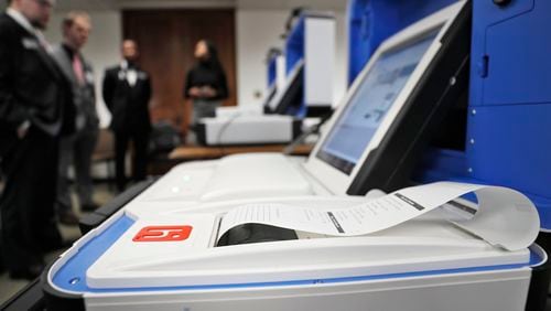 Hart InterCivic voting machines on display at the state Capitol in January. Bob Andres, bandres@ajc.com