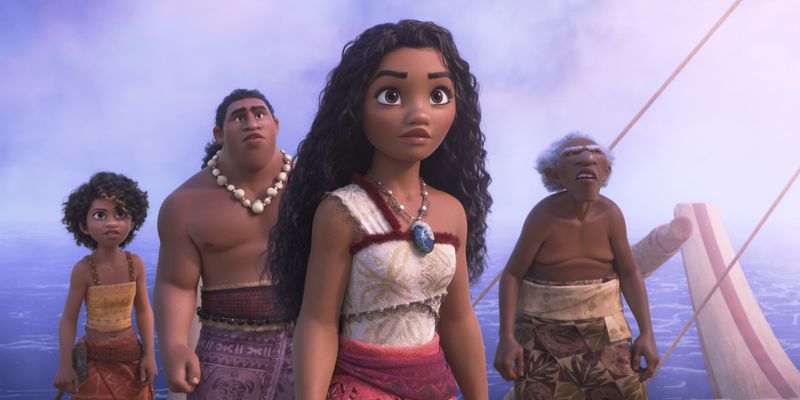 This image released by Disney shows Moana, voiced by Auli'i Cravalho, center, in a scene from "Moana 2." (Disney via AP)